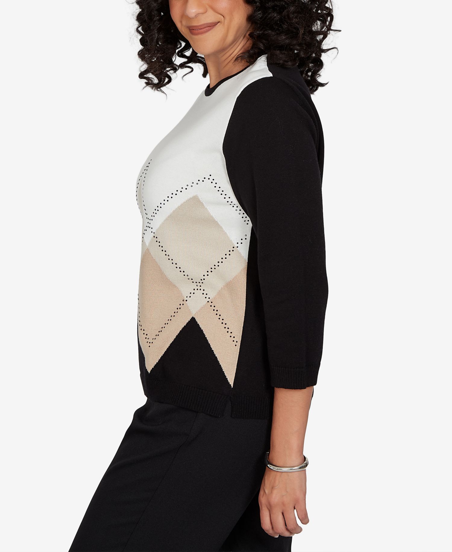 Petite Classic Argyle Beaded 3/4-Sleeve Sweater