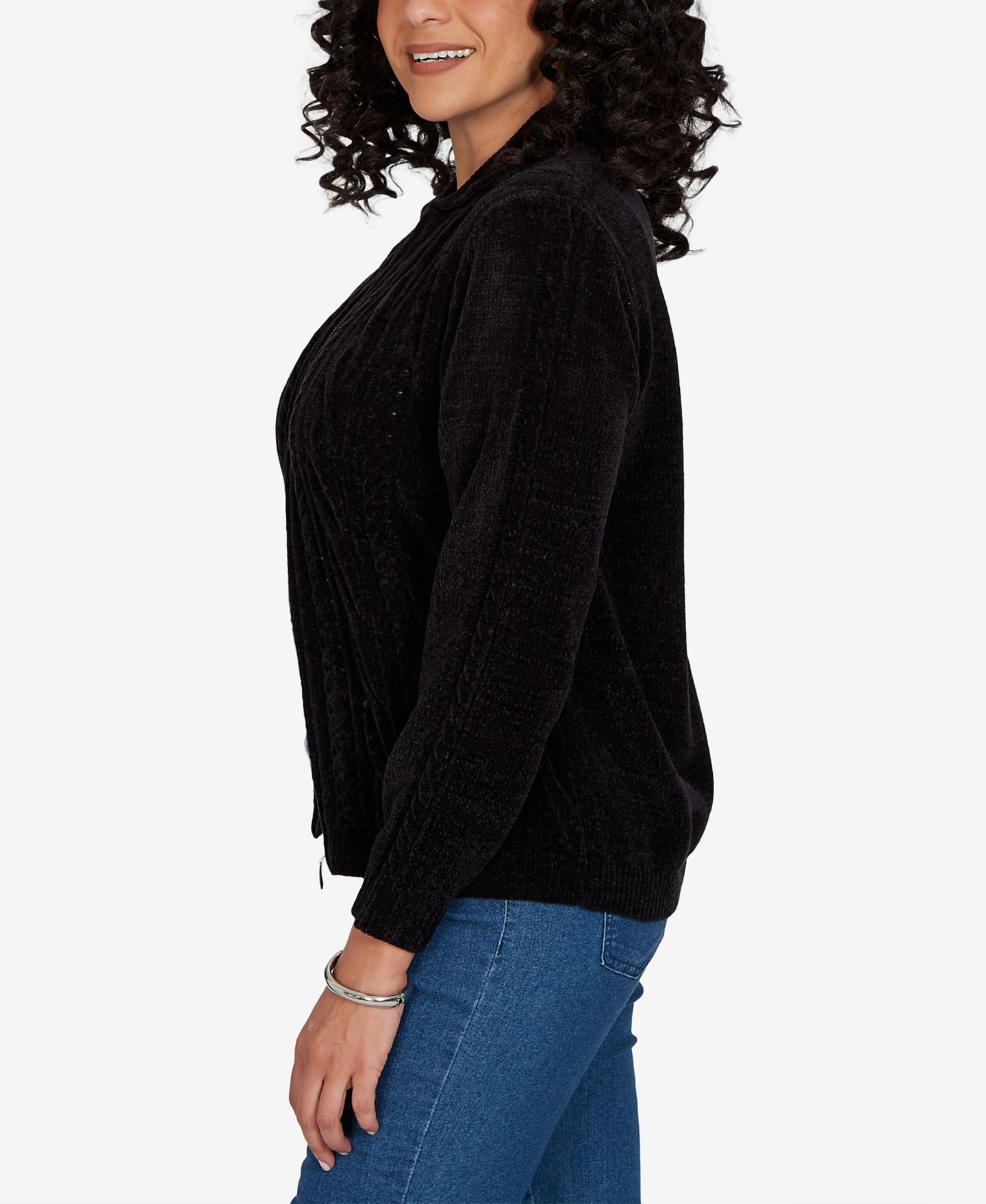 Женский кардиган Alfred Dunner Petite Cable Knit Full-Zip Collared, цвет: Чёрный — фото 3