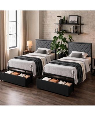 Set of 2 Upholstered Twin Platform Bed Frame with Charging Station Headboard and 2 Storage Drawers, Metal Frame