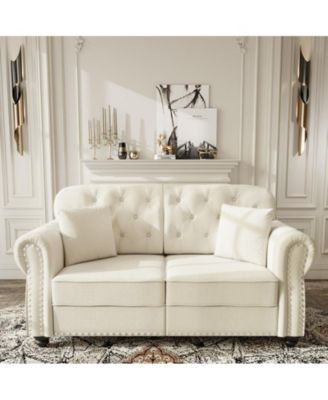 63" Mid-Century Velvet Sofa, Button Tufted Couch with Nailhead Trim, Rolled Armrests and 2 Pillows for Living Room, Apartment, Small Space