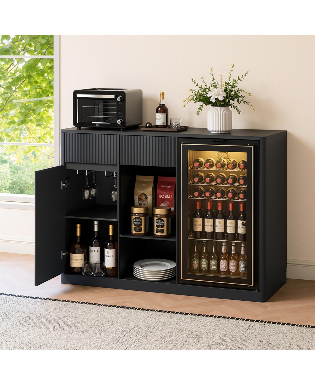 Clihome 51.2 Inch Modern Fluted Bar Cabinet with Mini Fridge Space