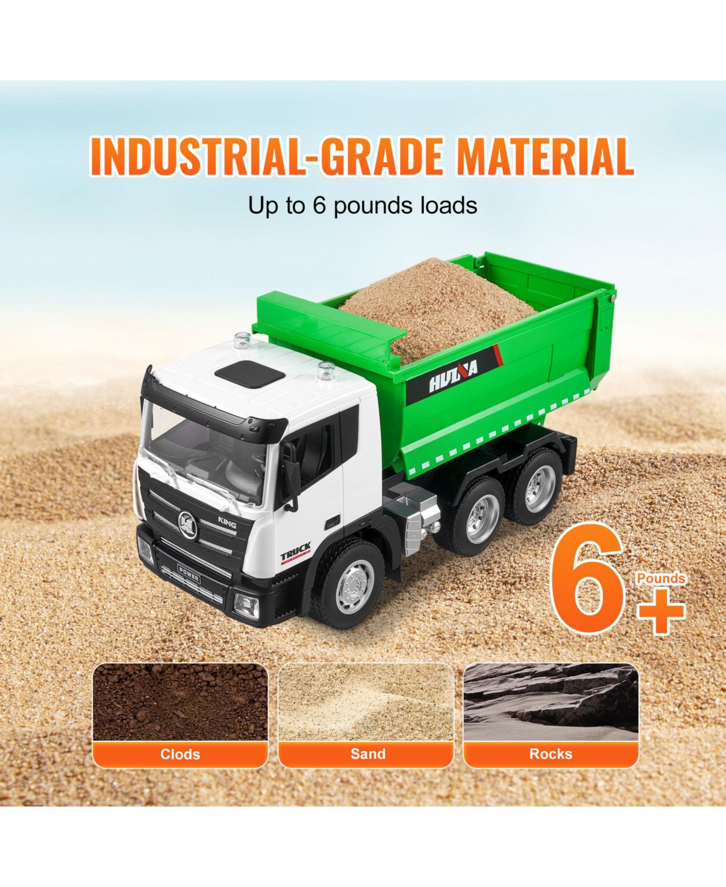 Детская игрушка SEVORLEY 1:18 Scale 9-Channel 4WD Remote Control Dump Truck, цвет: Зелёный / Белый — фото 8