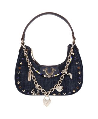 Women's Studded Denim Shoulder Bag with Removable Charm Chain