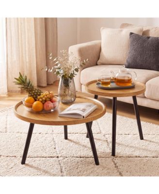 Round Nesting Coffee Table Set of 2, Wood-Grain and Metal Accent Table, Warm Wood Finish