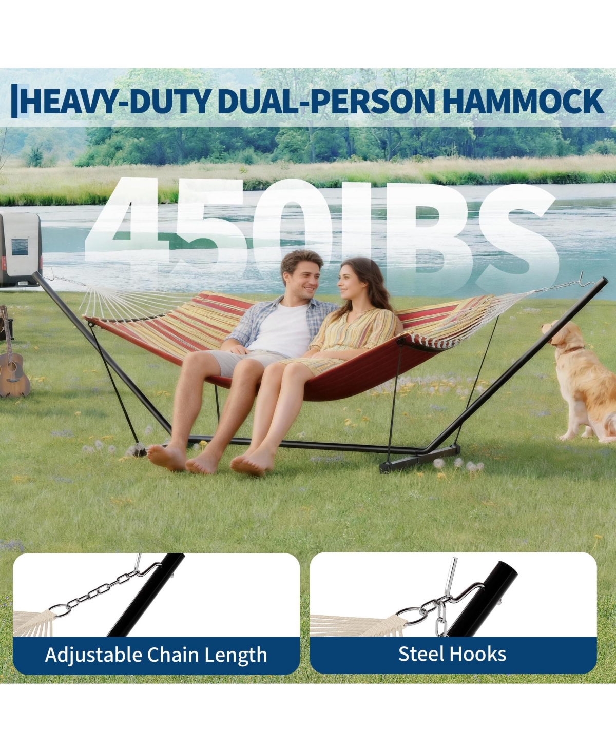 homfan Stripe Double Hammock Set – 450LBS, Freestanding with Pillows and Balance Rope for Patio or Yard