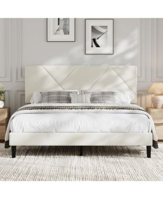 Queen Upholstered Bed Frame with Diamond-Quilted Headboard and Wood Slats, No Box Spring and Noise-Free
