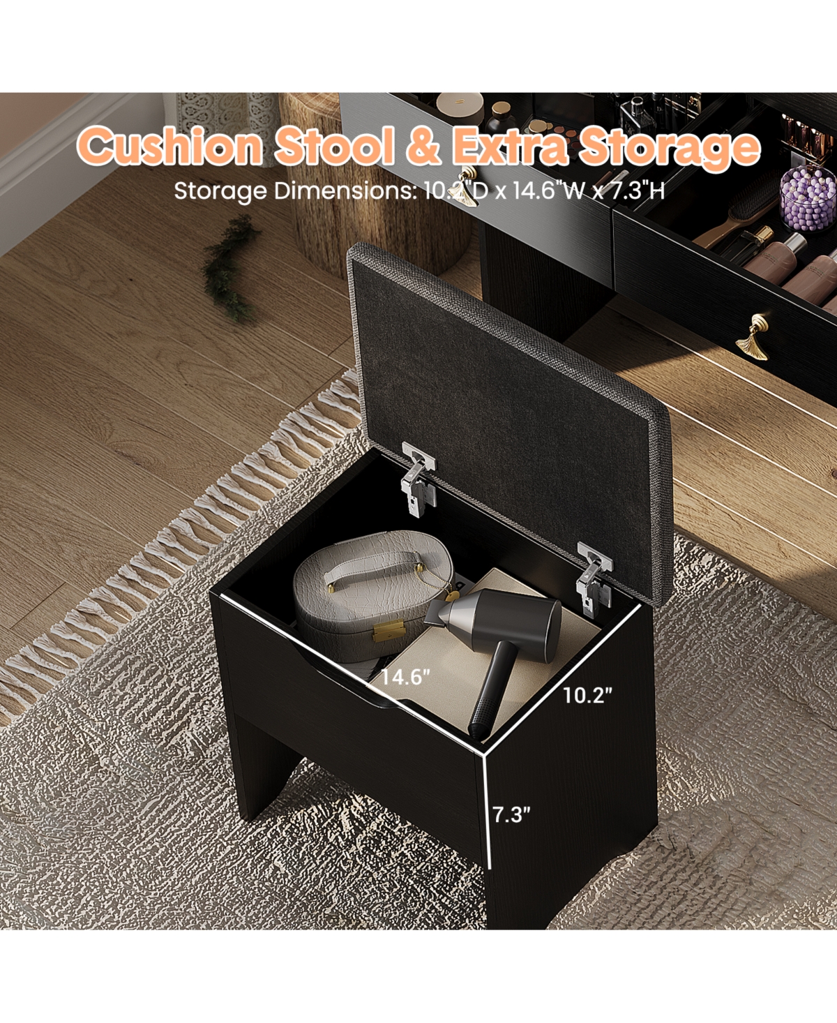 homfan Makeup Vanity Set with Lights, Small Desk with Upholstered Stool, Dressing Table with 2 Drawers and 3-Tier Shelves for Bedroom, 3 Light Modes
