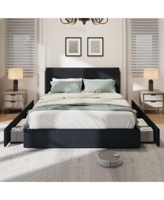 Platform Bed Frame with 4 Storage Drawers, Corduroy Channel Tufted Headboard Bed Frame with Strong Wooden Slat Support, No Box Spring Needed