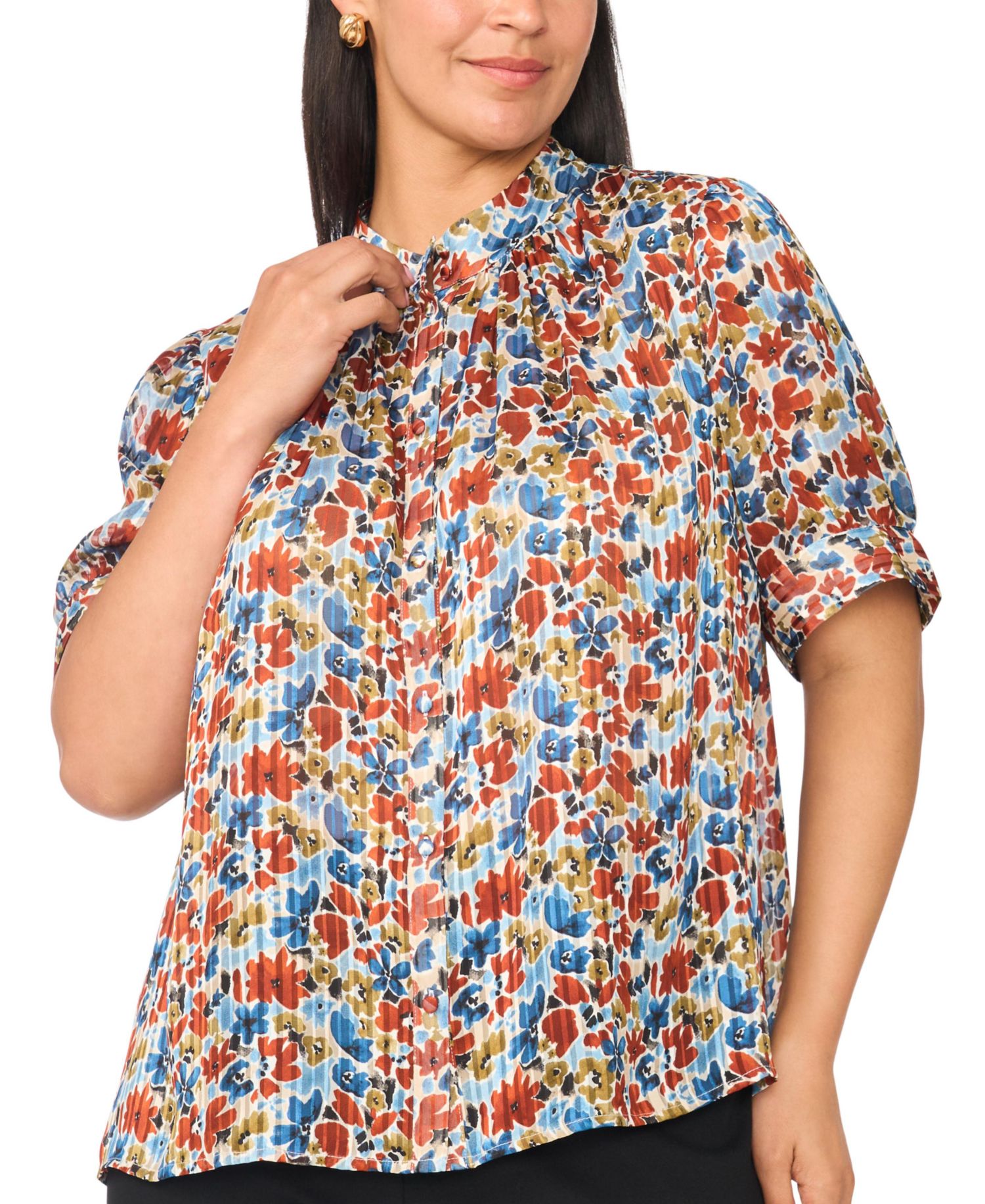 Plus Size Floral Short Puff-Sleeve Mock-Neck Blouse