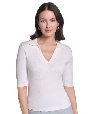 Women's Collared 3/4-Sleeve Ribbed-Knit Top
