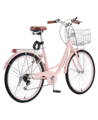 26 inch Pink Beach Cruiser Bike, 7-Speed with Basket and Rear Rack
