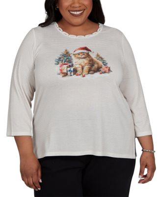 Plus Size Santa Cat 3/4-Sleeve Knit Top