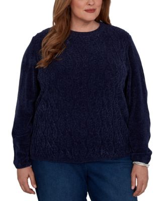 Plus Size Cable-Knit Chenille Crewneck Long-Sleeve Pullover Sweater