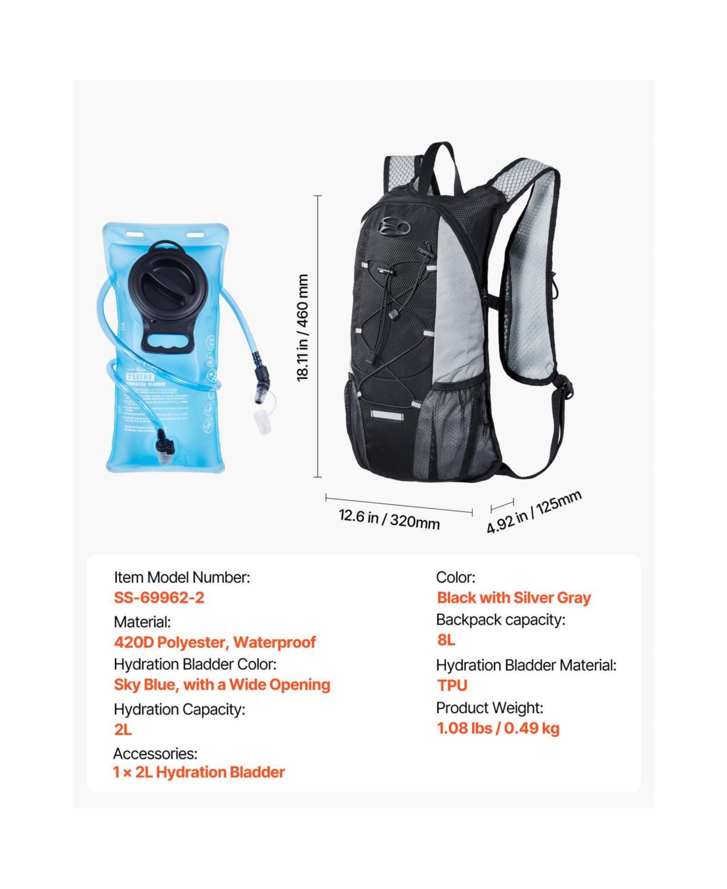 Рюкзак SEVORLEY Hydration with 2L TPU Water Bladder, Lightweight 8L Hiking Daypack for Running and Cycling, цвет: Чёрный / Серый — фото 9