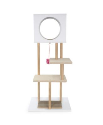 40 Inch Wood Cat Tower with 2-Door Condo Corrugated Cardboard Scratchers and Fleece Perches