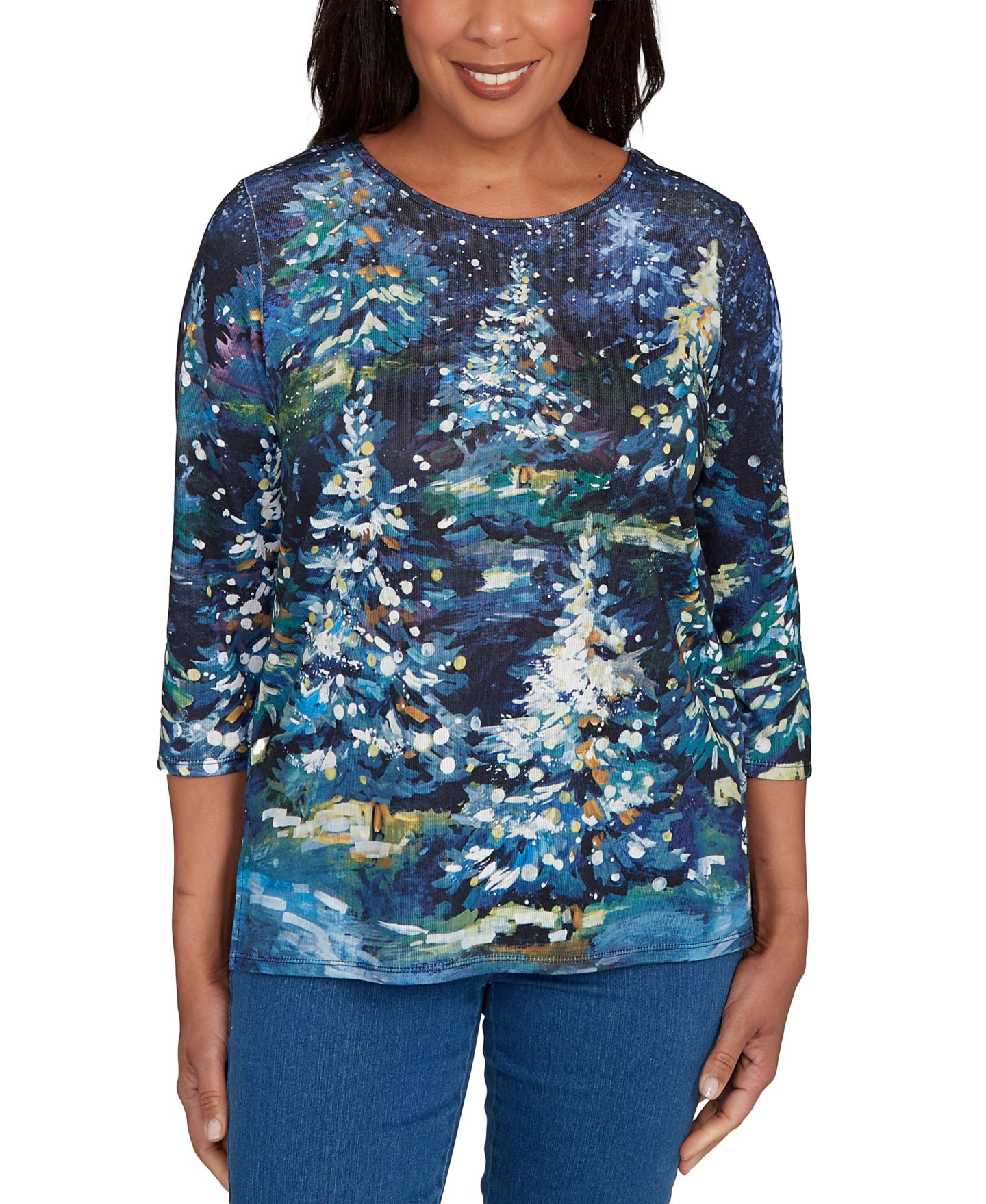 Женский топ Alfred Dunner Petite Starry Christmas Tree Scene 3/4-Sleeve, цвет: Тёмно-синий — фото 6