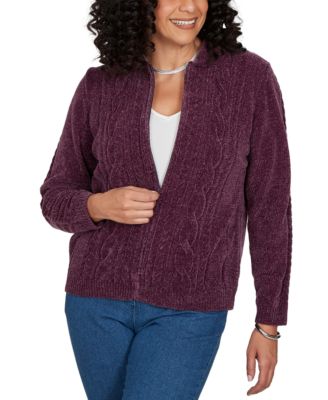 Petite Cable Knit Full-Zip Collared Cardigan