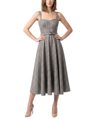 Women's Plaid Belted Sweetheart Neck A-Line Midi Dress