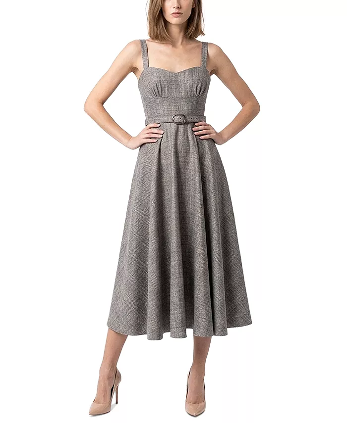 Women's Plaid Belted Sweetheart Neck A-Line Midi Dress