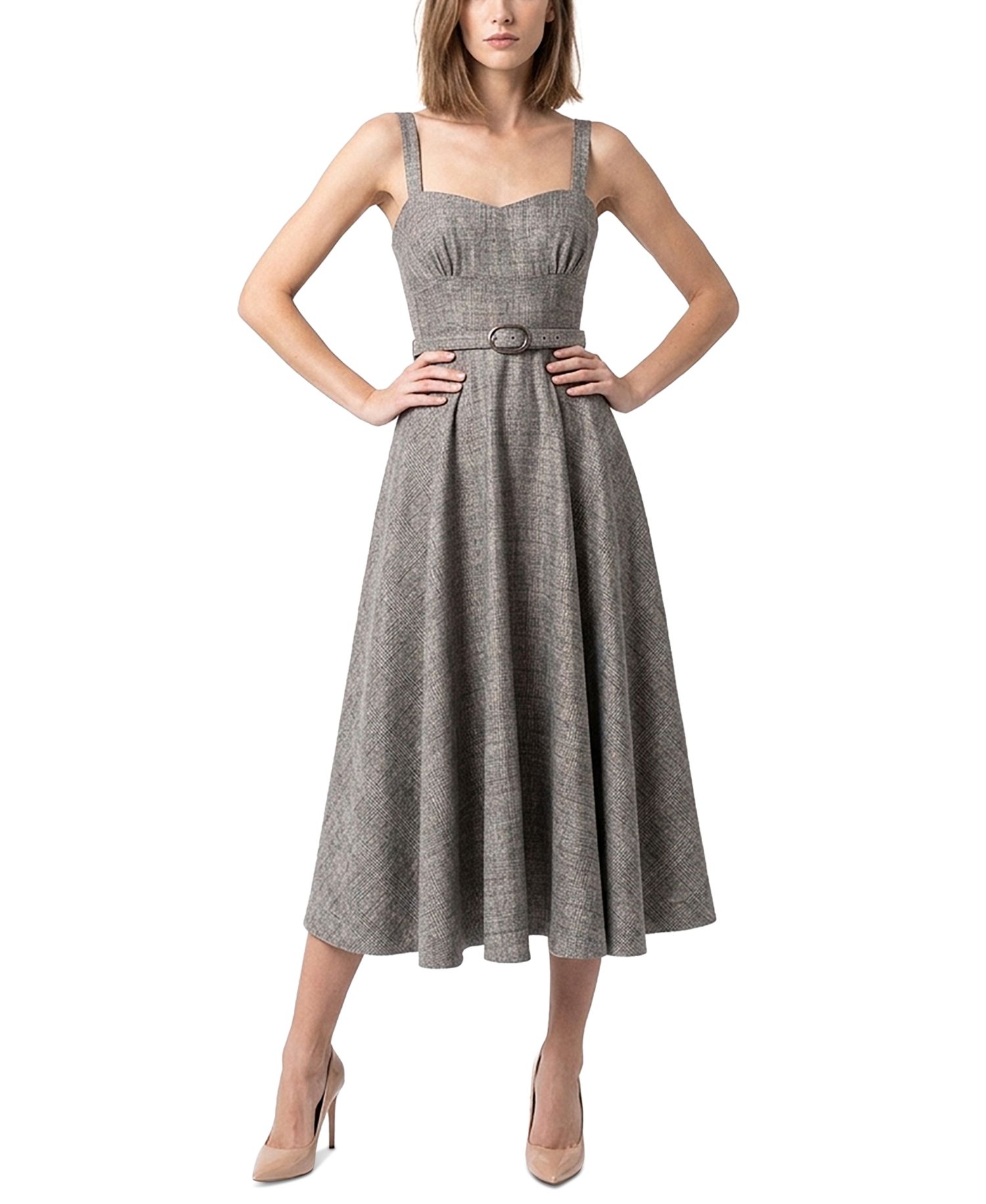 Women's Plaid Belted Sweetheart Neck A-Line Midi Dress