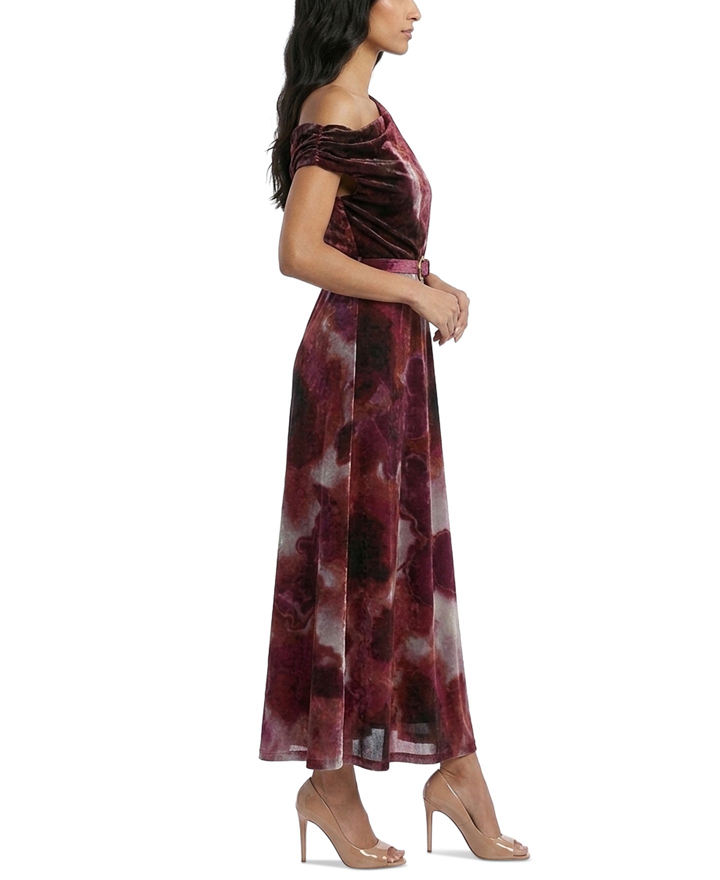 Женское платье Taylor Off-the-Shoulder Floral Velvet, цвет: Бордовый винный — фото 2