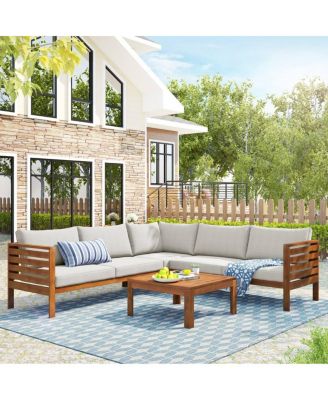6-Piece Wood Outdoor Sectional Sofa Set, L-Shape Patio Conversation Set with Coffee Table