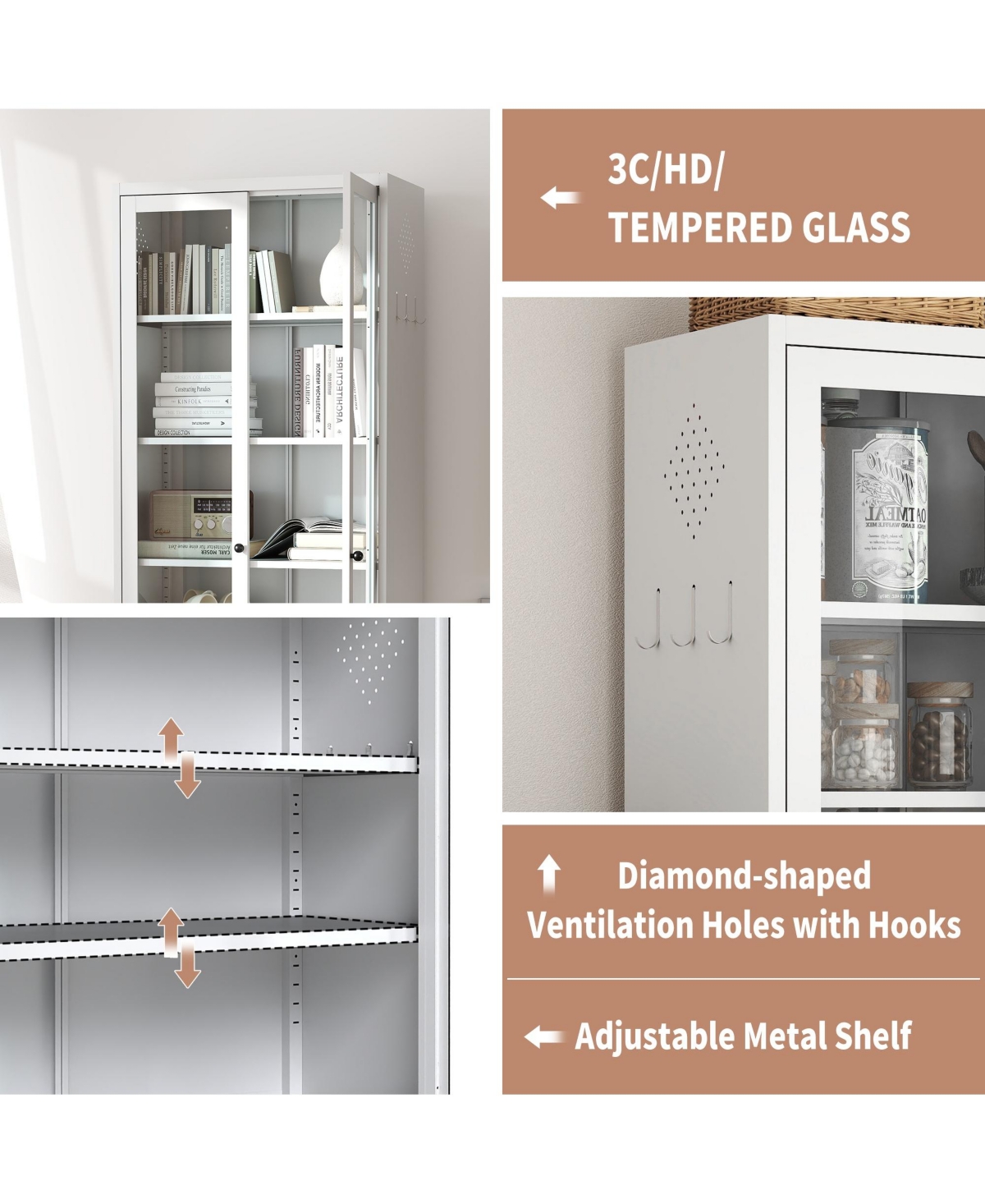Boyel Living 72 Inch Tall Steel 5 Shelf Narrow Storage Cabinet with Glass Door