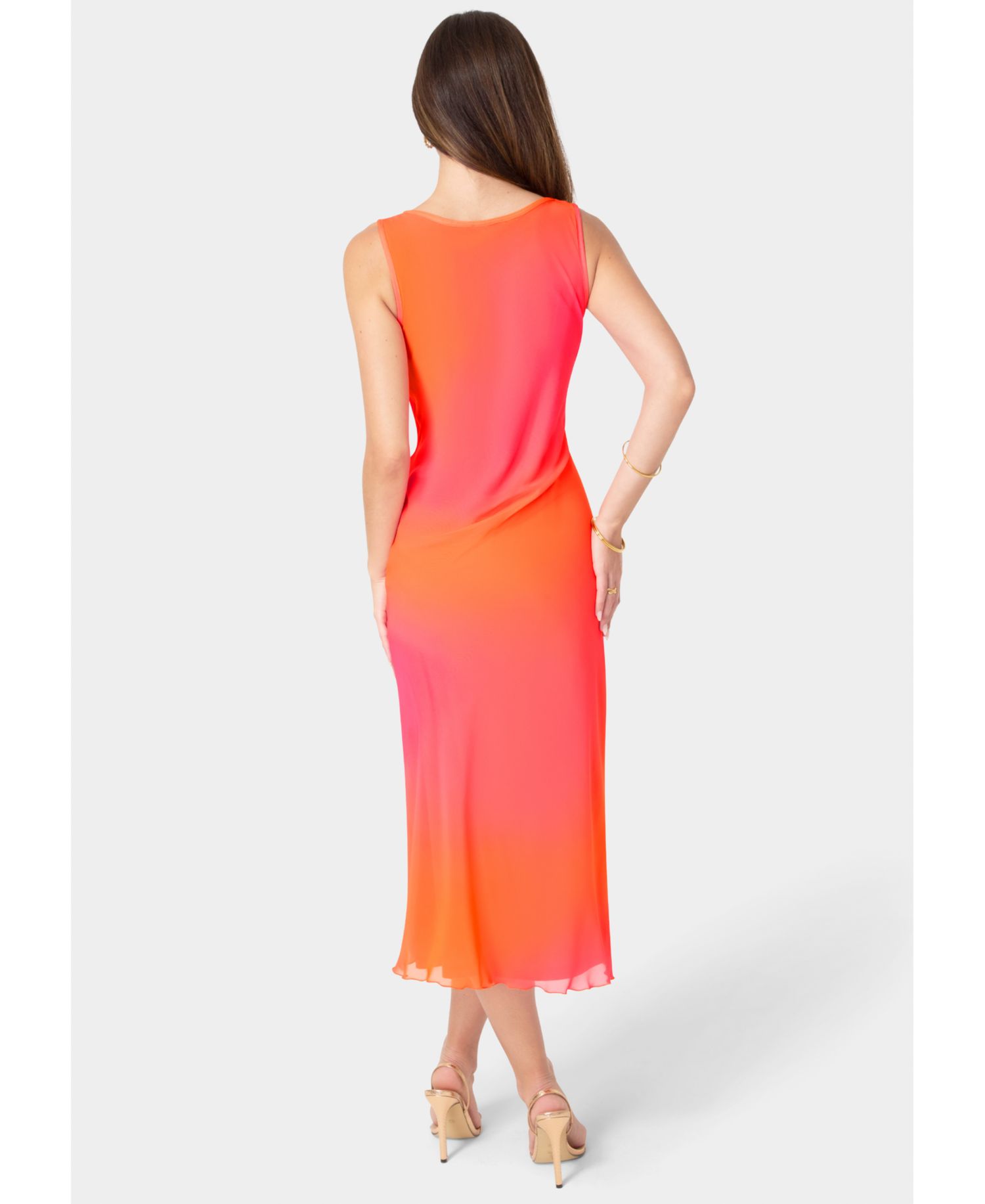 Women's Smudge Chiffon Gradient-Pattern Racer Neck Wedding Guest Maxi Dress
