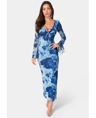 Women's Long-Sleeve Floral-Print Ruffle-Neck Maxi Dress