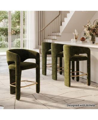 Counter Height Upholstered Bar Stools Set of 4, Chenille Fabric, Curved Barrel Back, Breakfast Bar Chairs