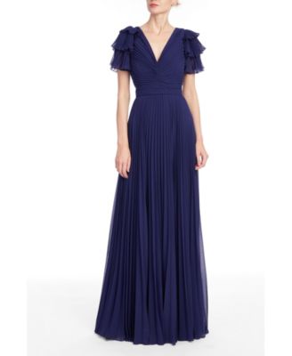Women's V-Neck Ruffle Short-Sleeve Pleated Gown