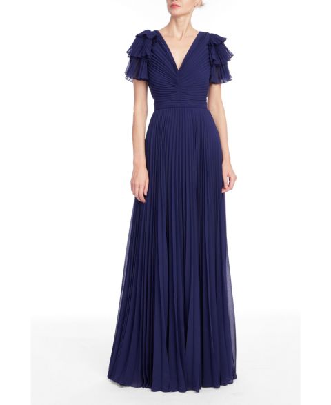 Женское платье Badgley Mischka V-Neck Ruffle Short-Sleeve Pleated Gown