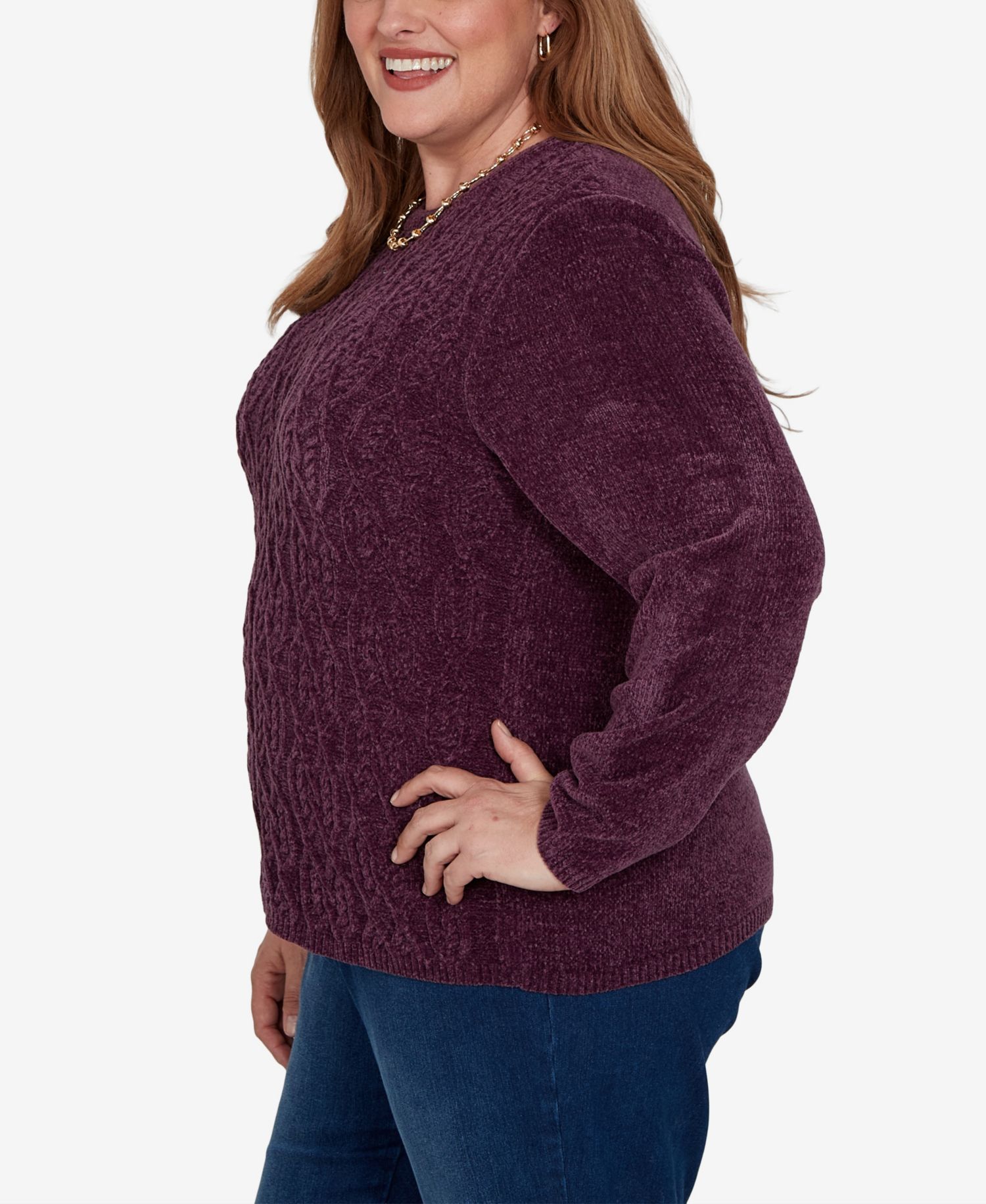 Plus Size Cable-Knit Chenille Crewneck Long-Sleeve Pullover Sweater