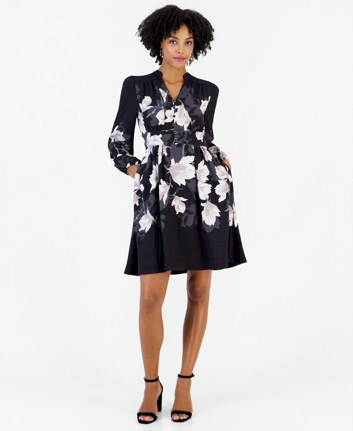 Tahari Asl Women's Long-Sleeve V-Neck Floral-Print Shirt Dress