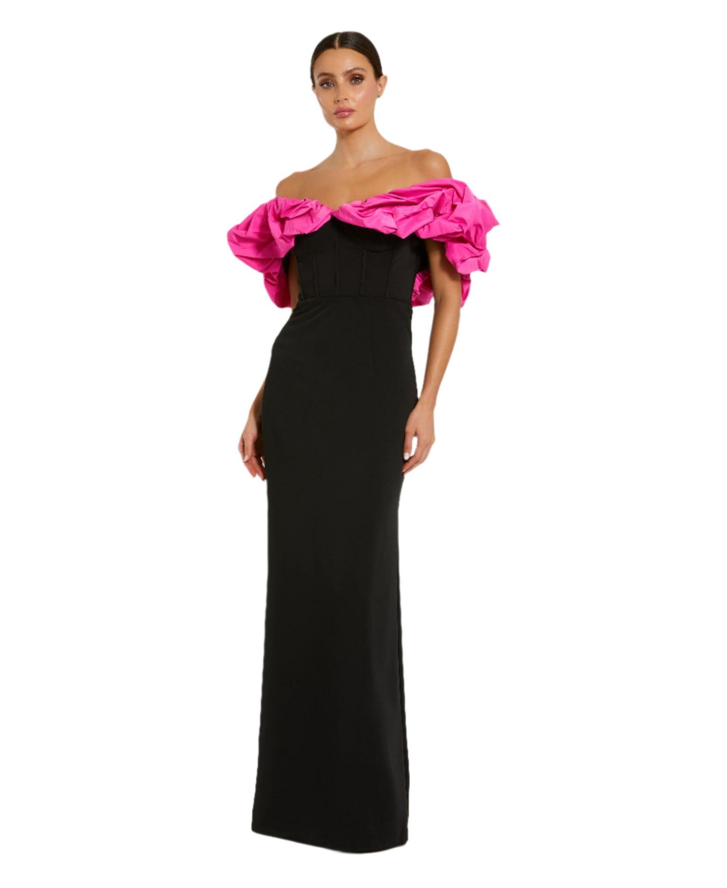 Женское платье-футляр Mac Duggal с открытыми плечами и объёмной оборкой, цвет: Чёрный розовый — фото 1