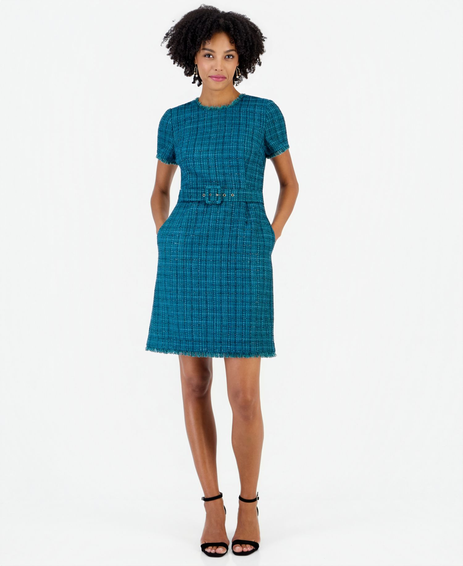 Women's Plaid Short-Sleeve Belted Dress