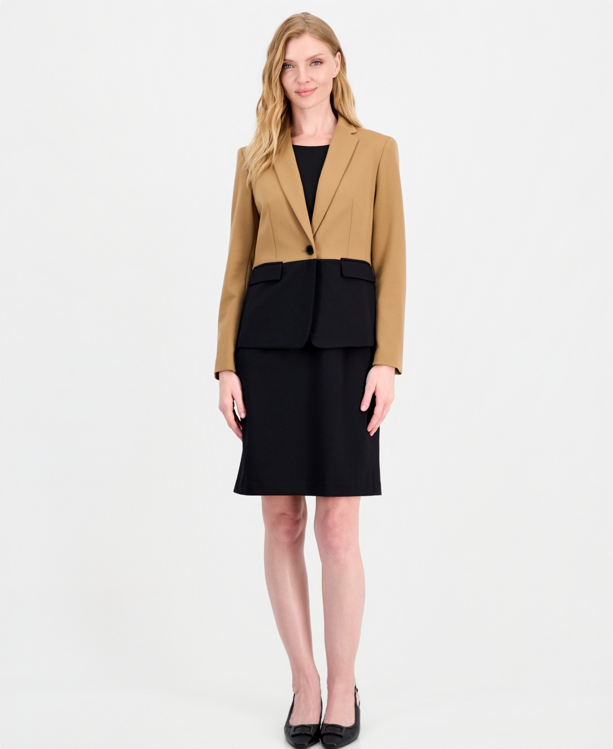 Le Suit Women's Colorblock One-button Peplum Jacket And Dress, 2-piece Set In Camel,black