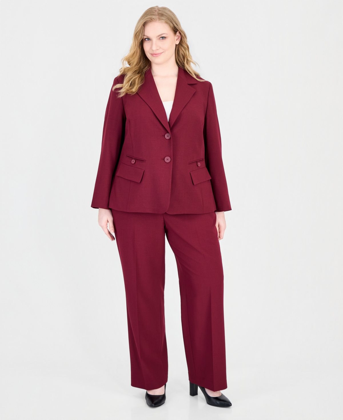 Le Suit Plus Size Classic-Fit Wide-Leg Mid-Rise Pant Suit - Bordeaux