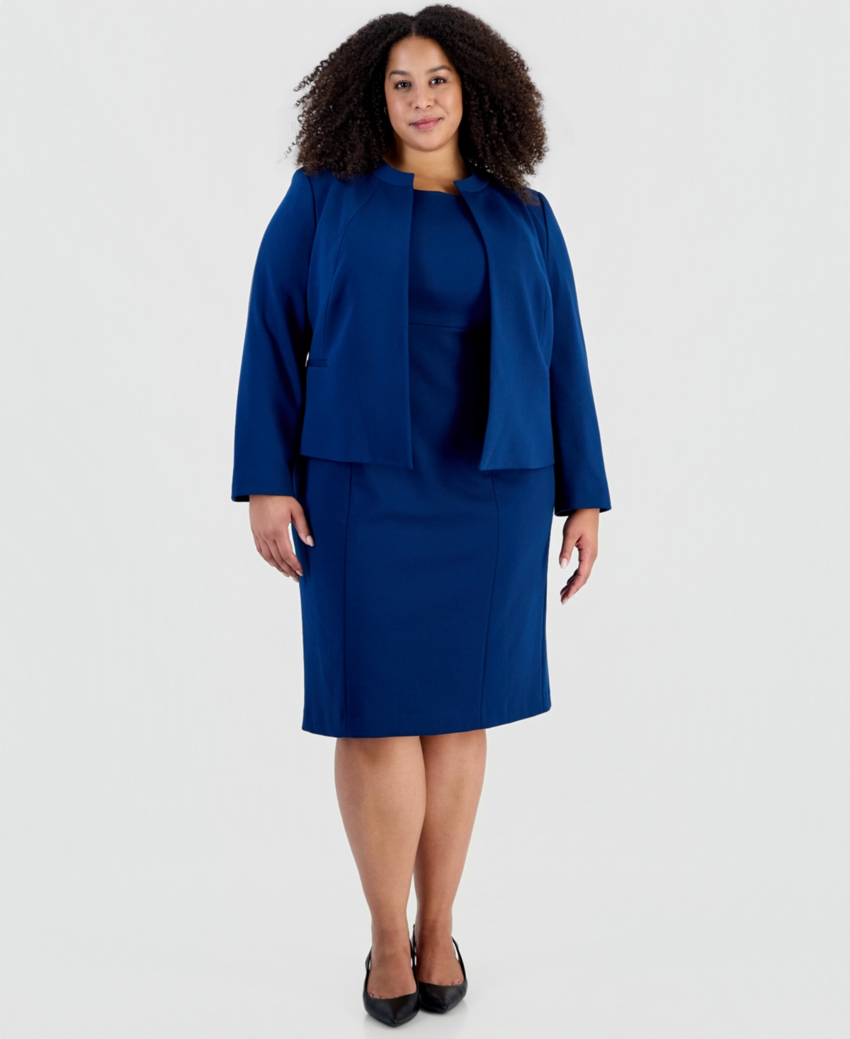Le Suit Plus Size Stretch Ponte Empire-waist Jacket And Dress, 2-piece Suit In Dark Mallard