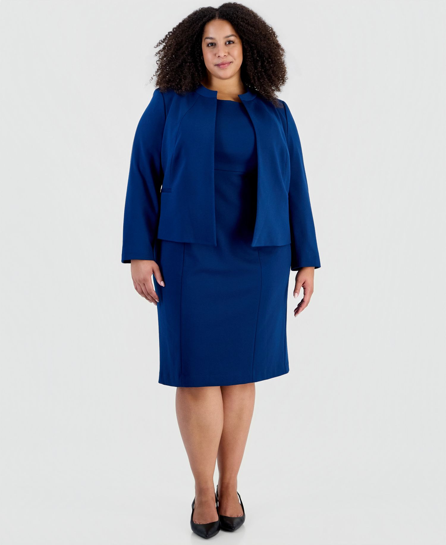 Plus Size Stretch Ponte Empire-Waist Jacket and Dress, 2-Piece Suit