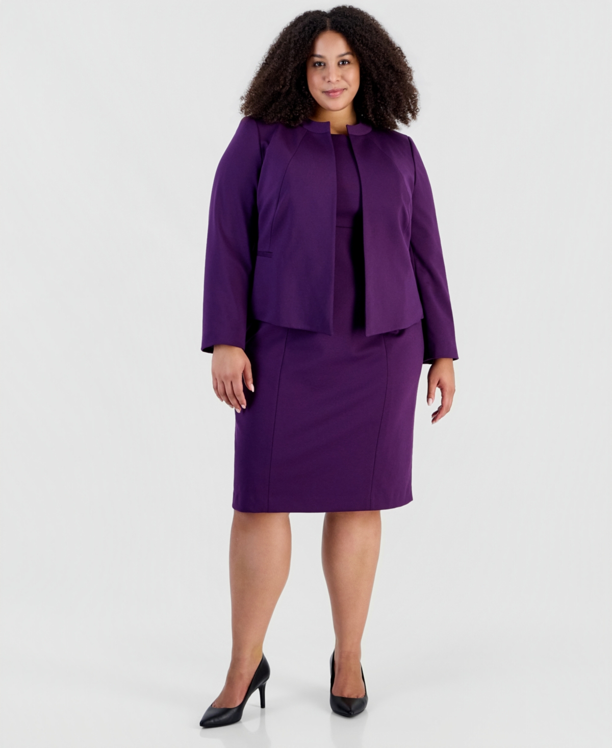 Le Suit Plus Size Stretch Ponte Empire-waist Jacket And Dress, 2-piece Suit In Plum
