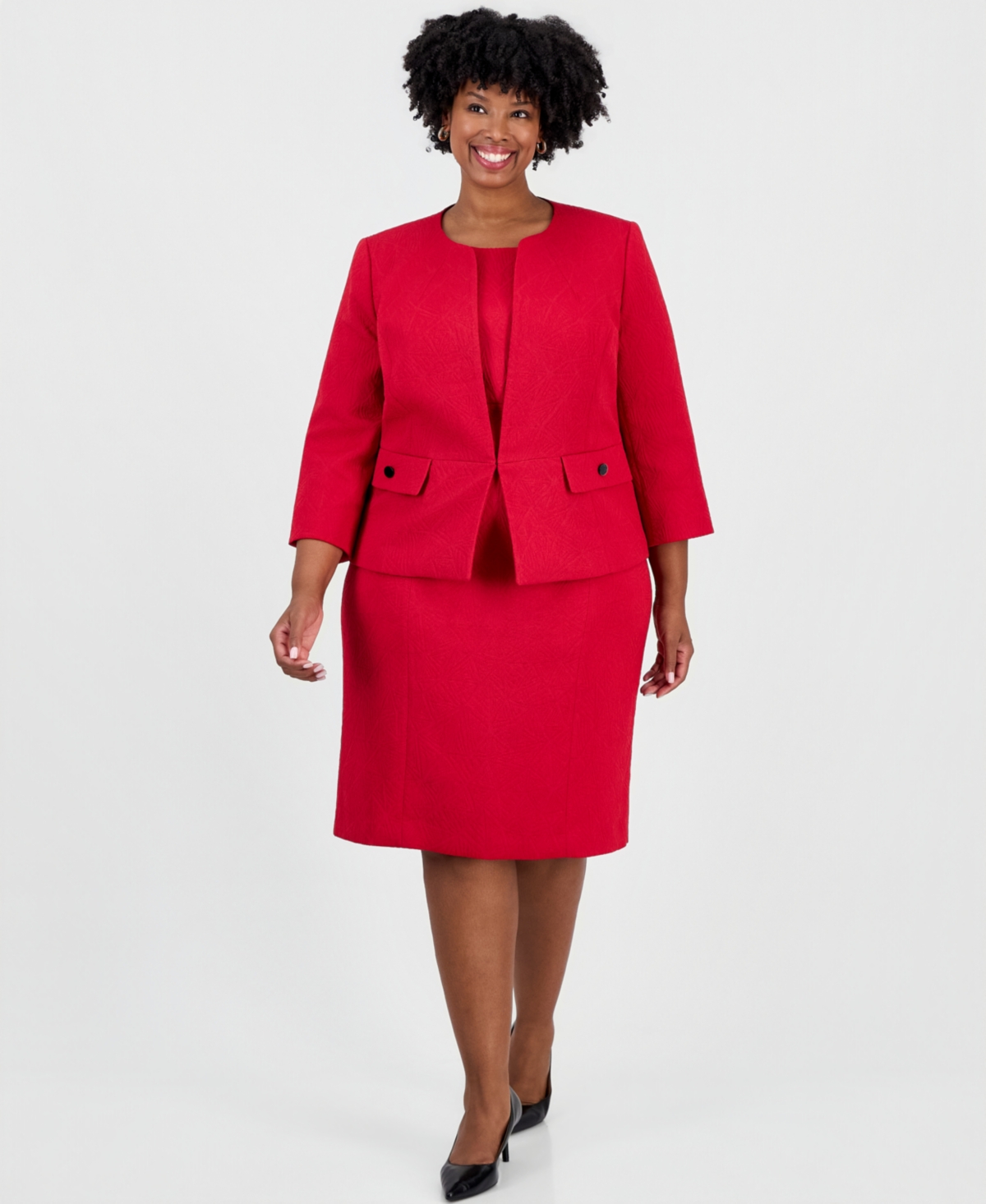 Le Suit Plus Size Jacquard Cardigan And Empire-seamed Dress, 2-piece Set In Cherry