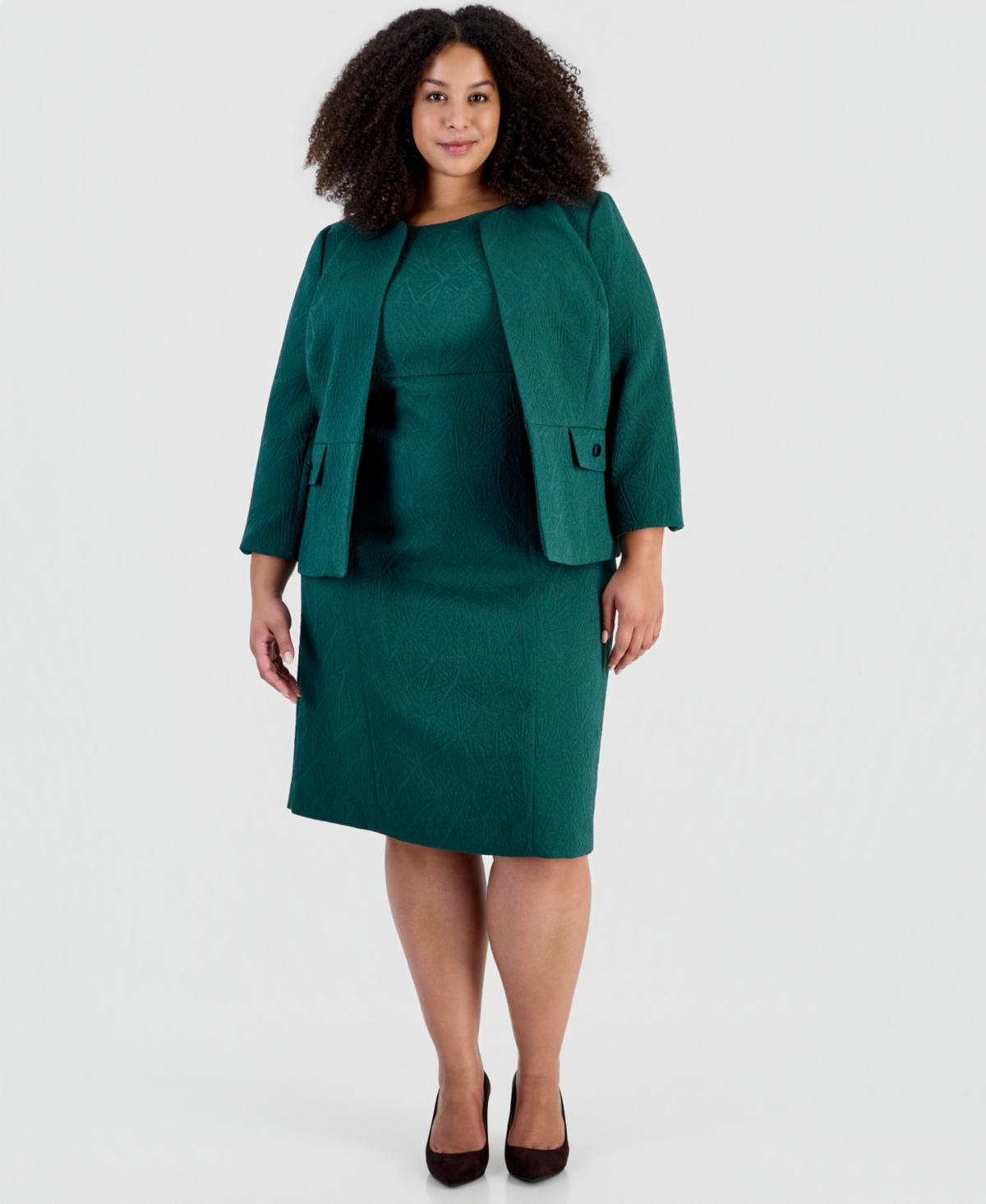 Le Suit Plus Size Jacquard Cardigan And Empire-seamed Dress, 2-piece Set In Emerald
