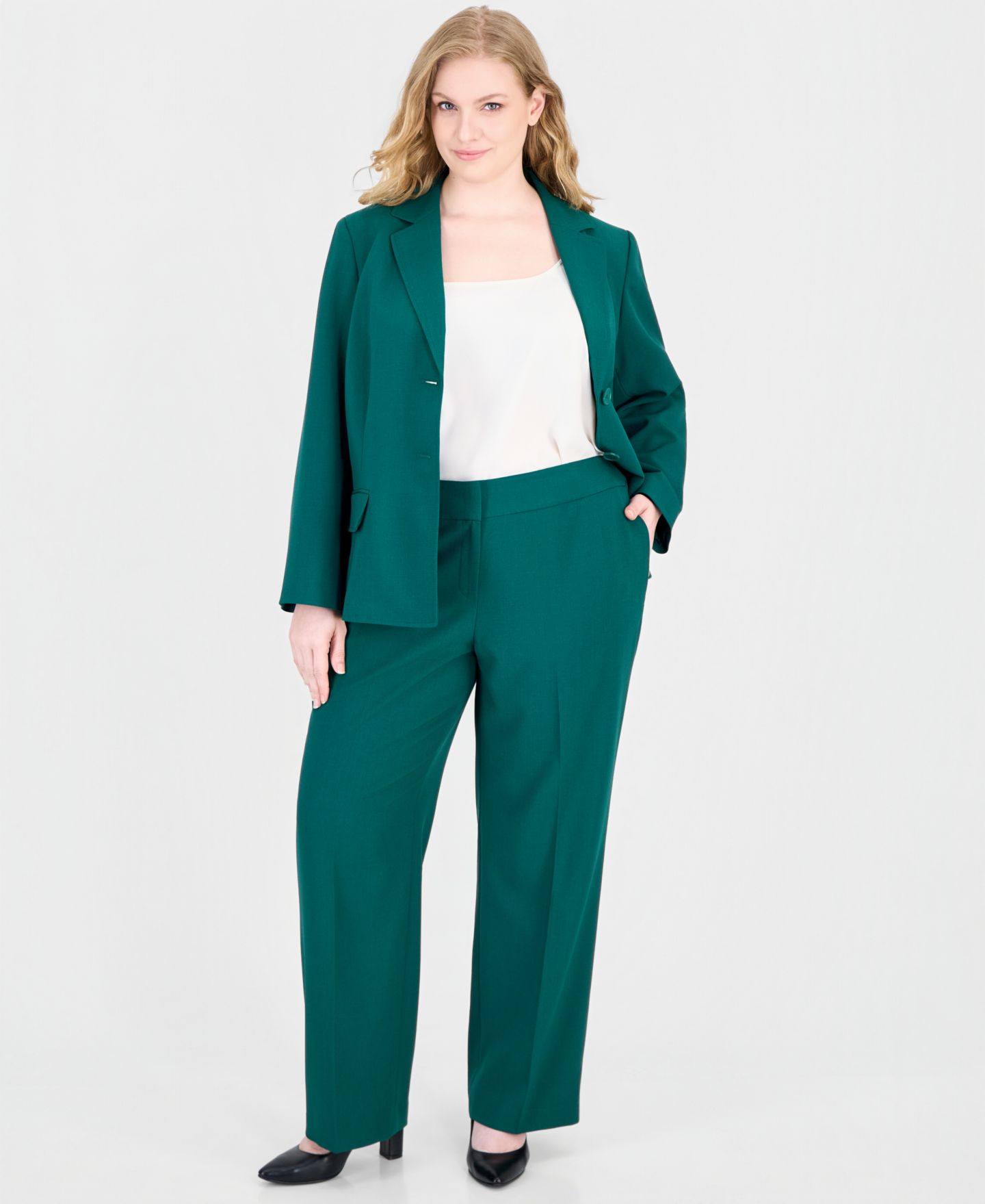 Le Suit Plus Notch-Collar Stretch Wide-Leg Jacket and Pants, 2-Piece Set, цвет: Изумрудный — фото 8