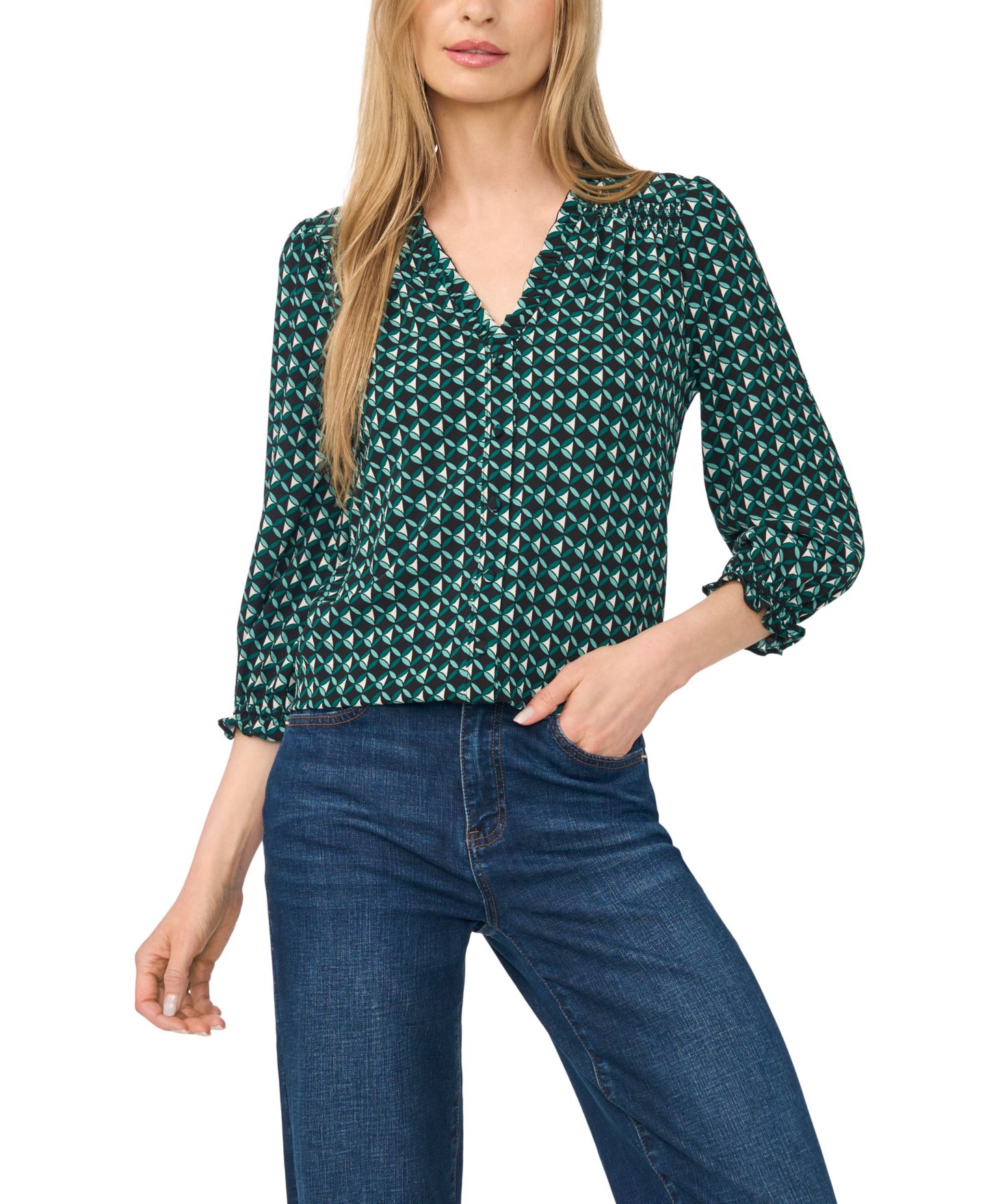 Женская блузка CeCe 3/4-Sleeve V-Neck Button-Front Blouse, цвет: Глубокий еловый — фото 2