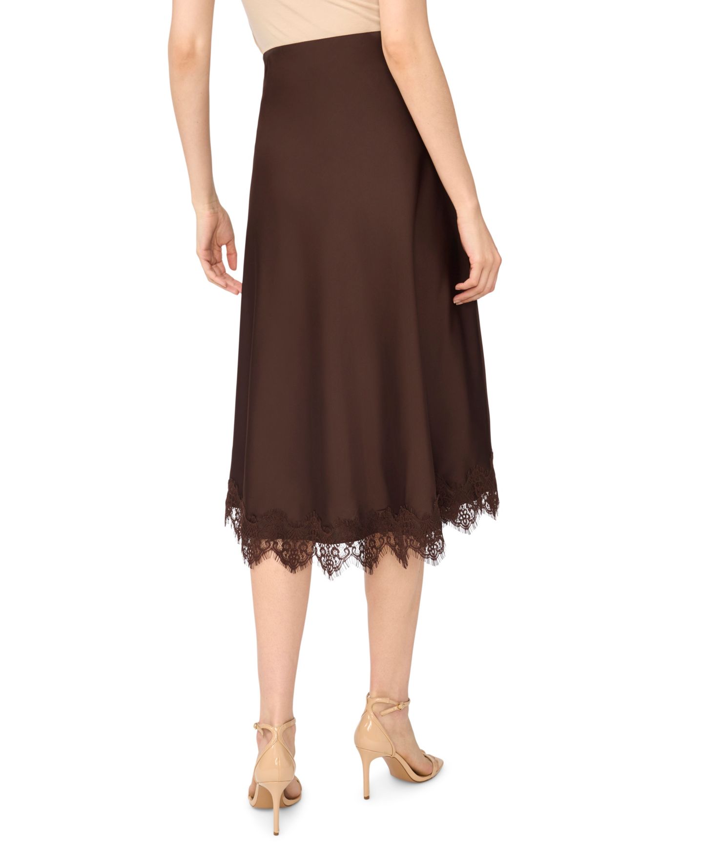 Женская юбка CeCe Satin Lace Trim A-Line Midi, цвет: Кофейный — фото 2