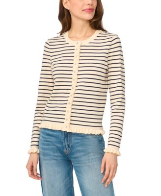 Women's Stripe Crew Neck Cardigan with Ruffle Trim