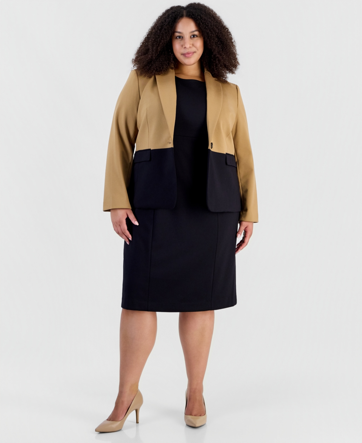 Le Suit Plus Size Peplum Empire-waist Seam Colorblock Jacket & Dress, 2-piece Set In Camel,black
