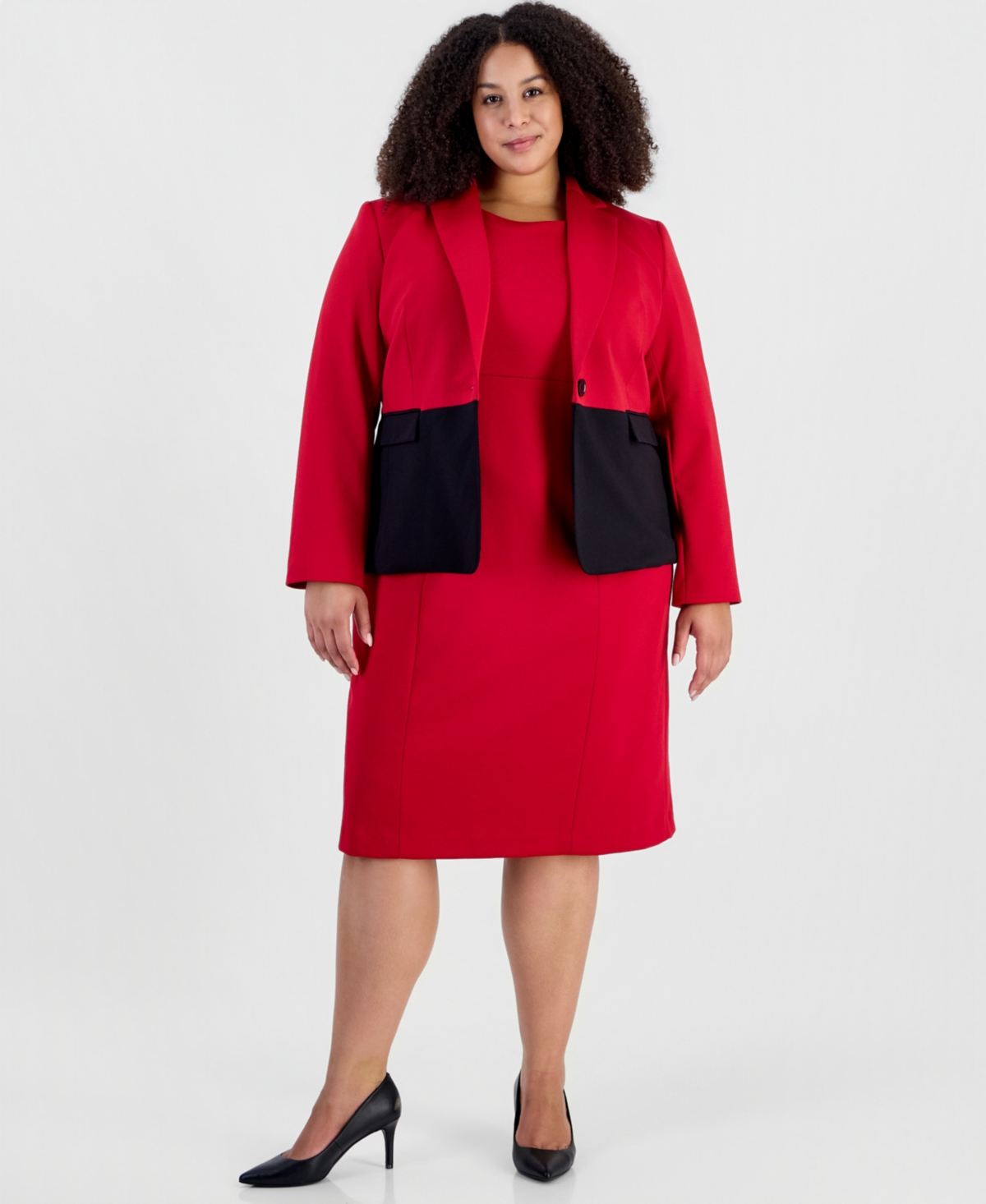 Le Suit Plus Size Peplum Empire-waist Seam Colorblock Jacket & Dress, 2-piece Set In Cherry,black