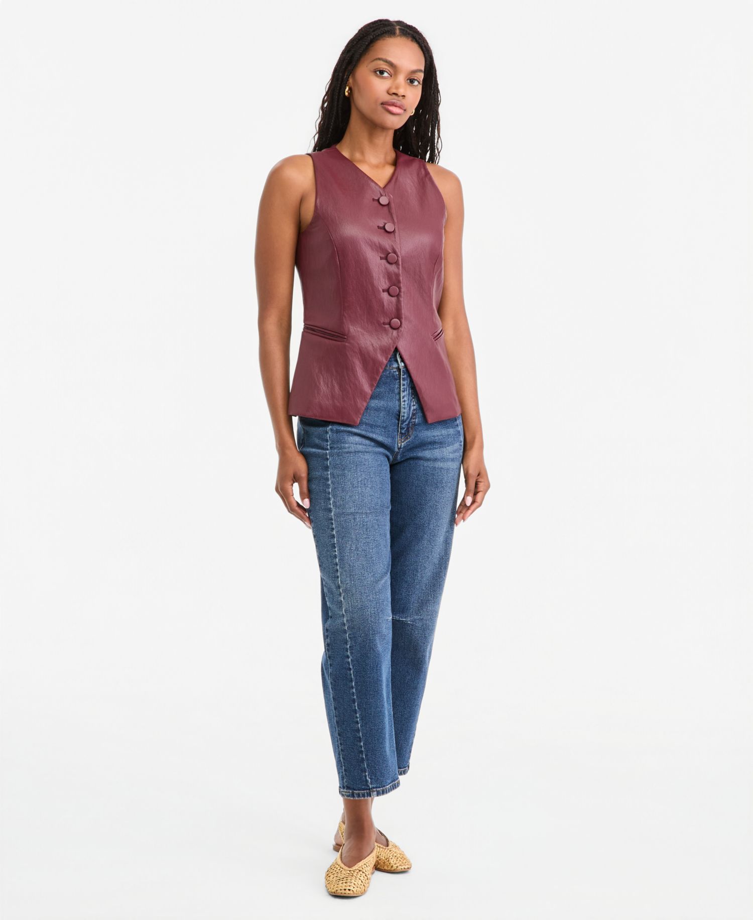 Women's Woven Faux Leather V-Neck Vest